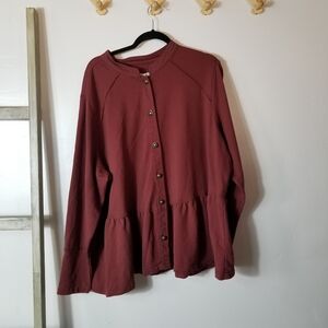 MAURICES WOMEN'S DUSTY RED CARDIGAN WITH RUFFLE SIZE 3X